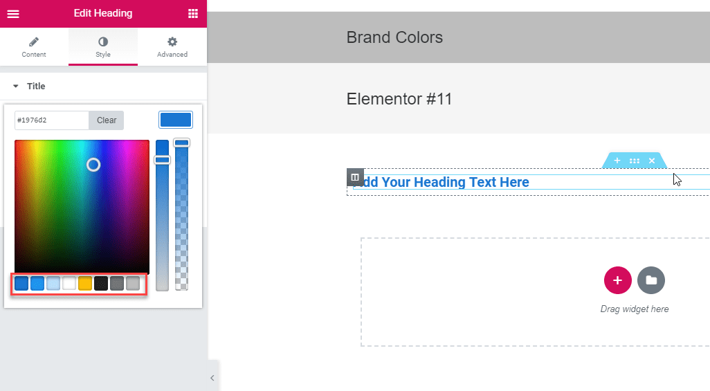 central color palette elementor page builder