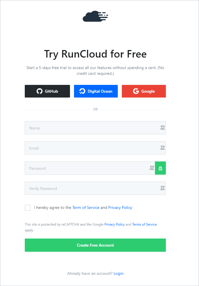 Runcloud Create Account Page