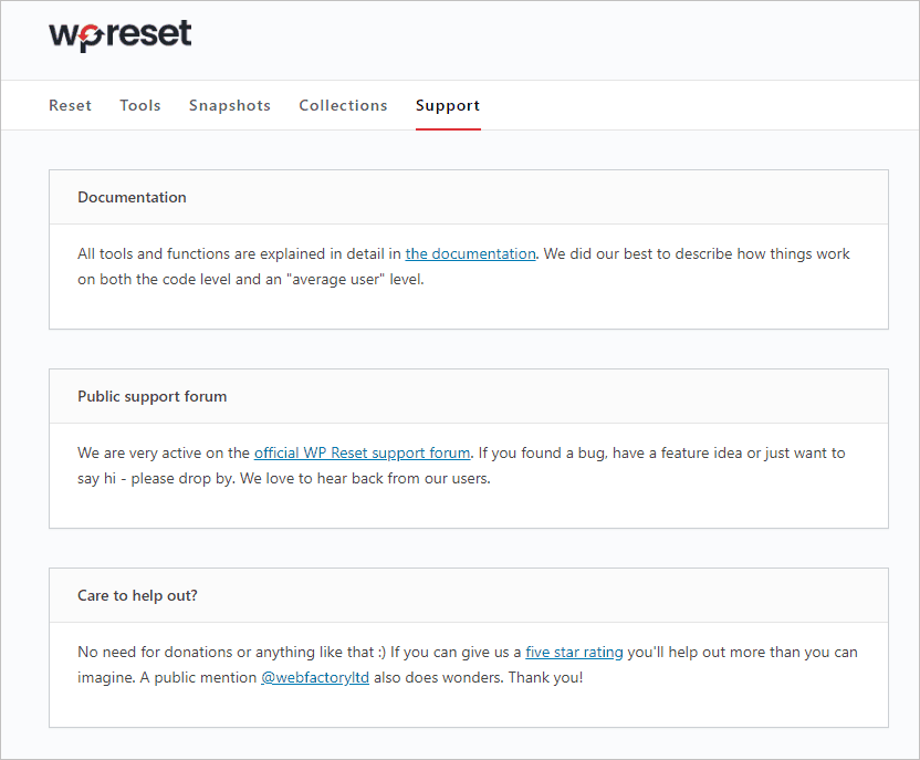 Wp Reset Support Tab