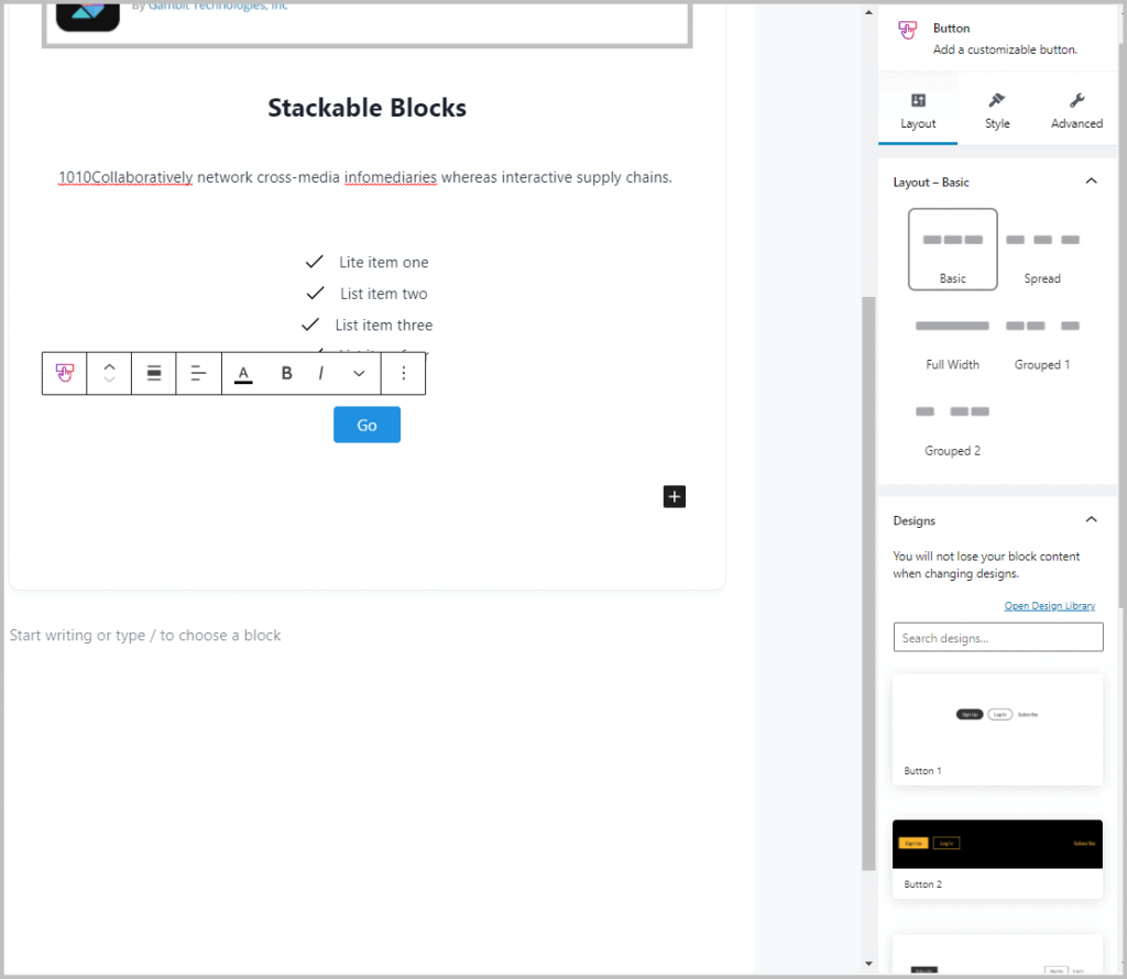Stackable Button Block Layout Tab