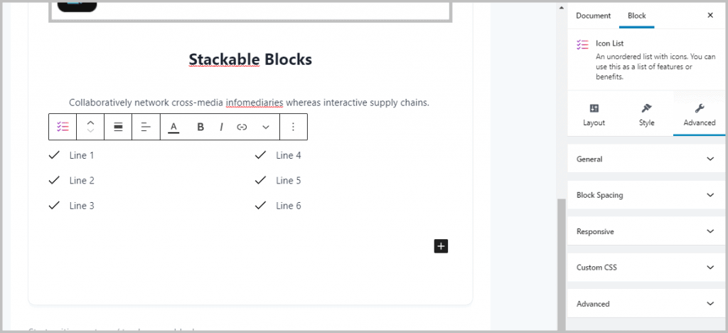 Stackable Icon List Block Advanced Tab