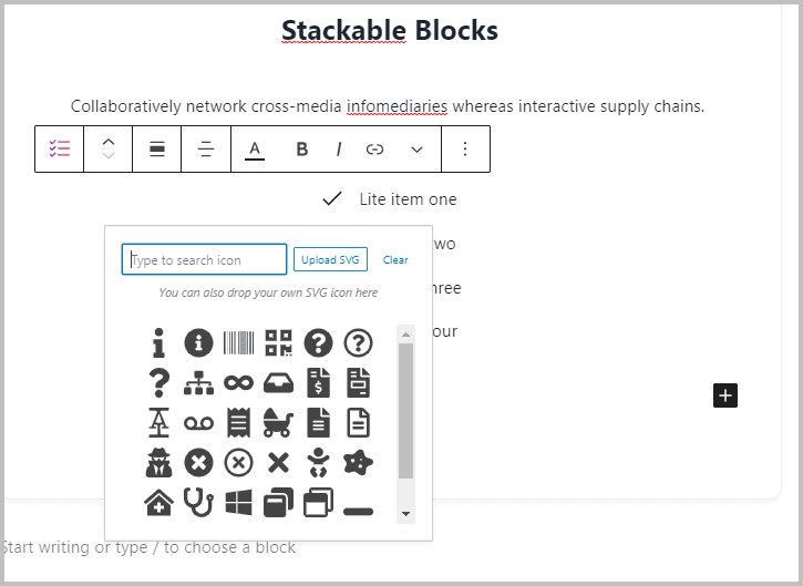 Stackable Icon List Block Icon Selection