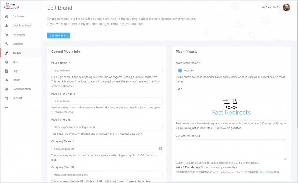 Online Dashboard Edit Brands Screen