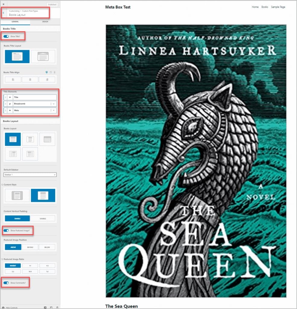 Default Theme Customizer Options For Book Single