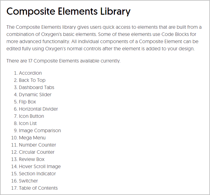 List of components in the new Composite Elements Library