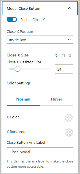 modal close button settings