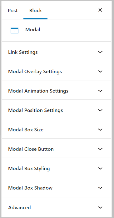 settings panels for the modal block