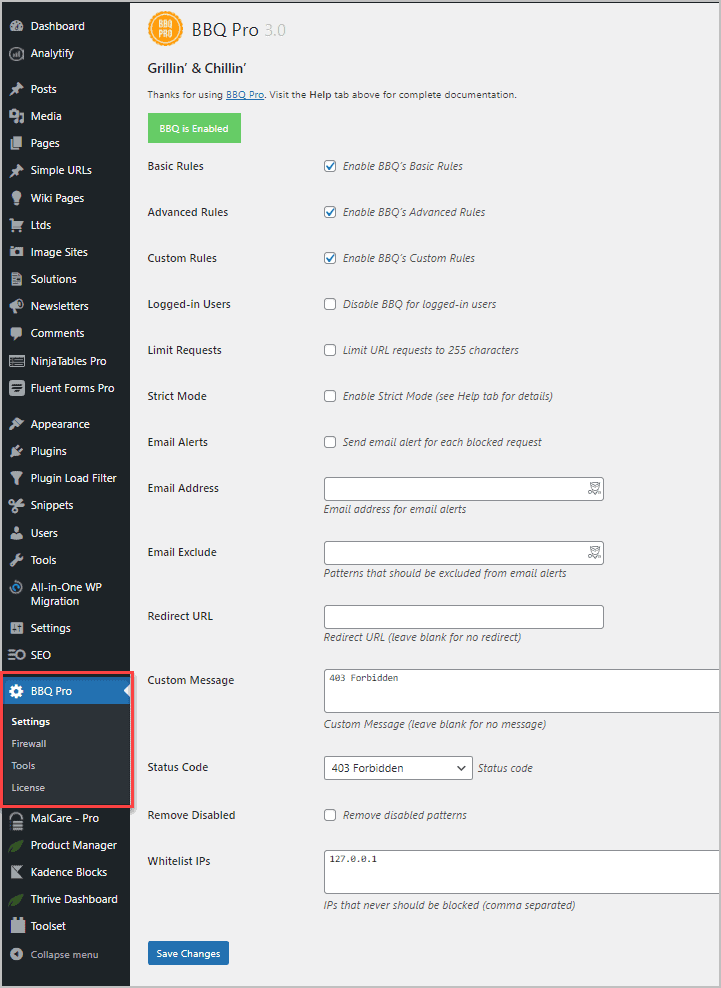 bbq pro settings menu