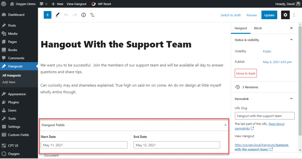 support hangout created in editor