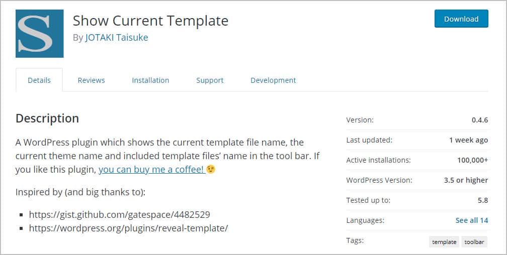 show current template on wordpress org
