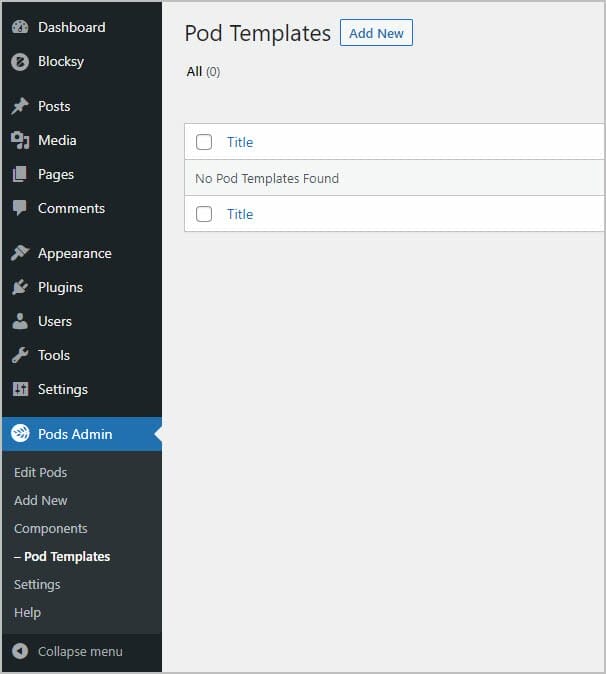 pods admin templates menu