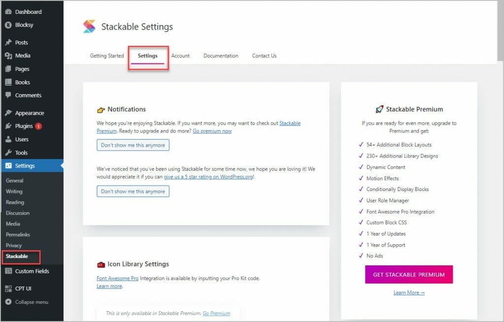 stackable settings page