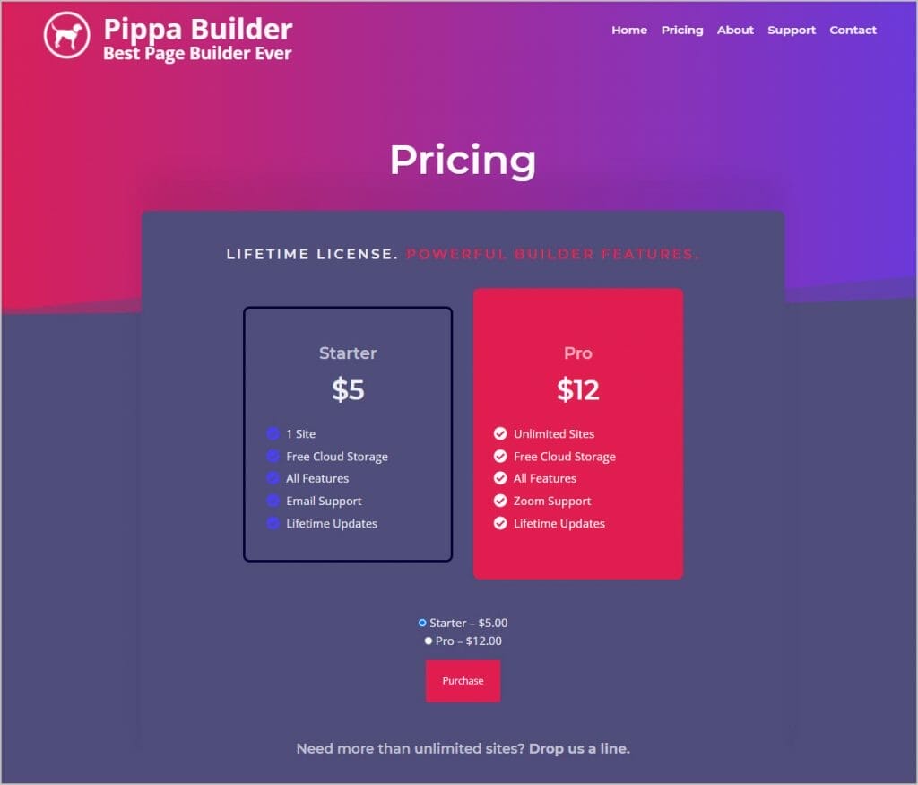 testing site pricing page