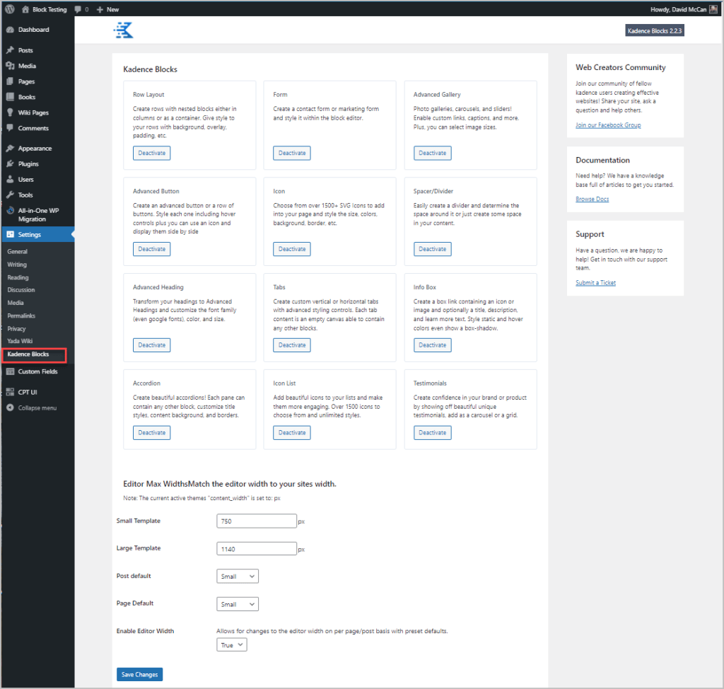 kadence blocks free settings page