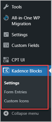 kadence blocks pro admin menu
