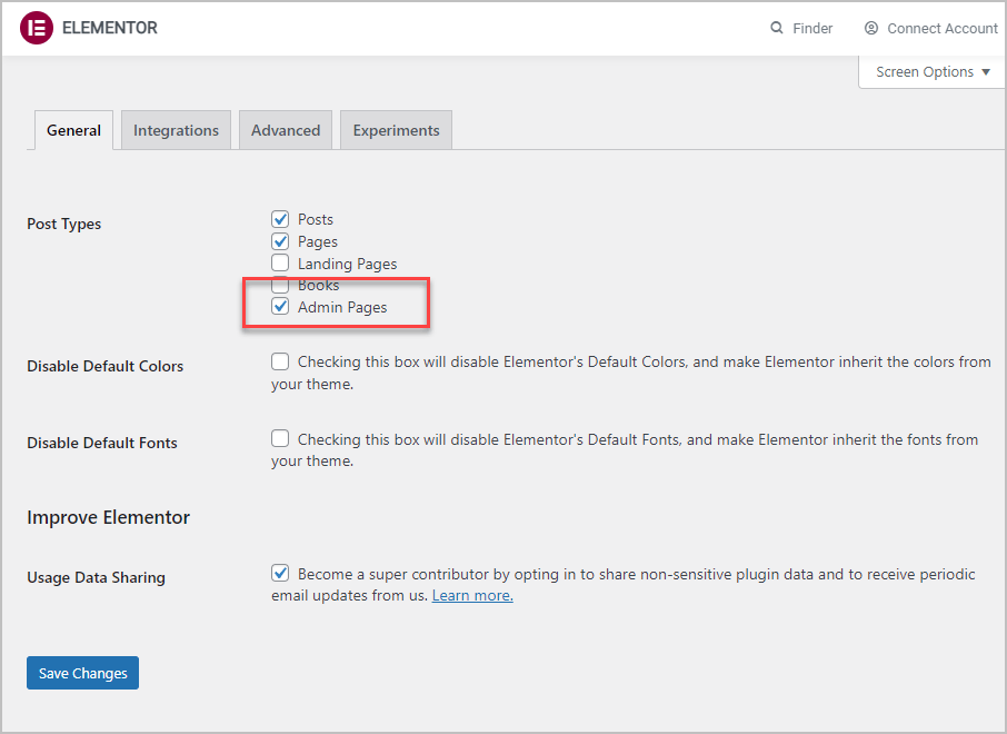 enabling elementor for admin pages