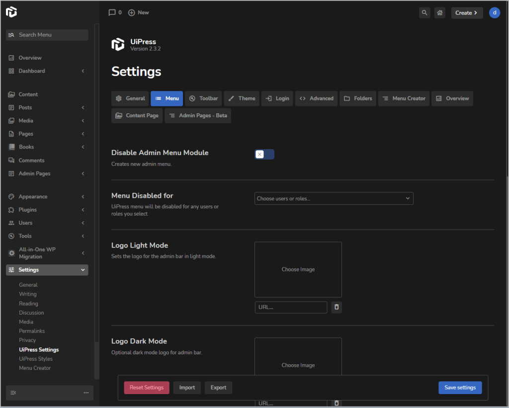uipress settings menu tab