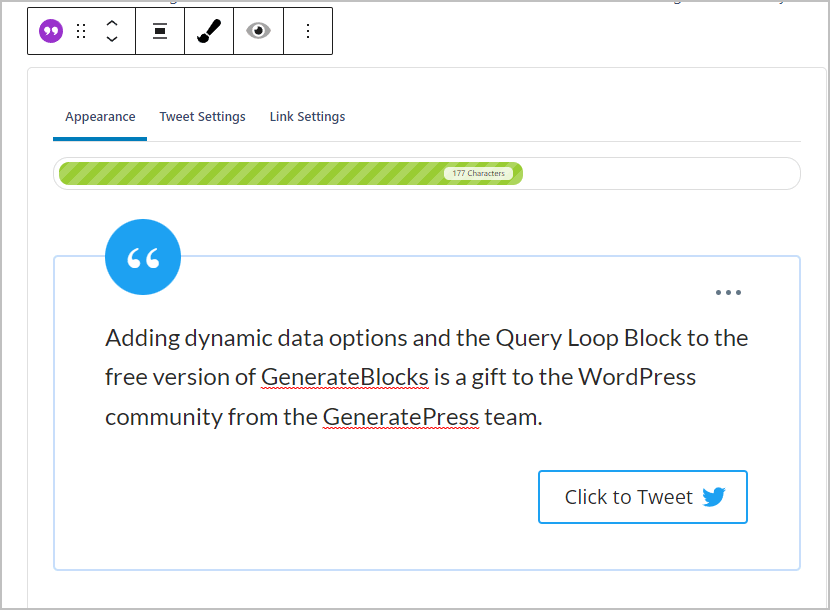 quotesdlx block in the editor appearance