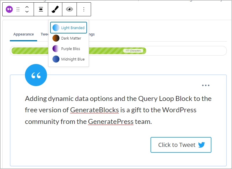 quotesdlx block in the editor change theme button