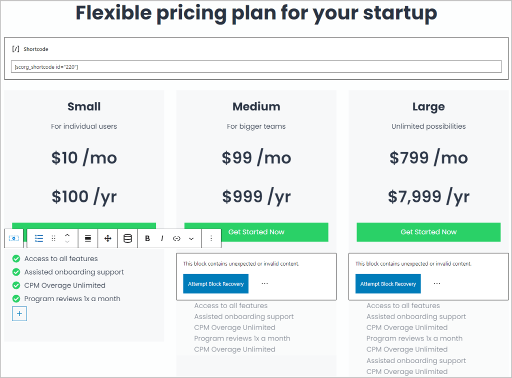 pricing table in the editor one block recovered