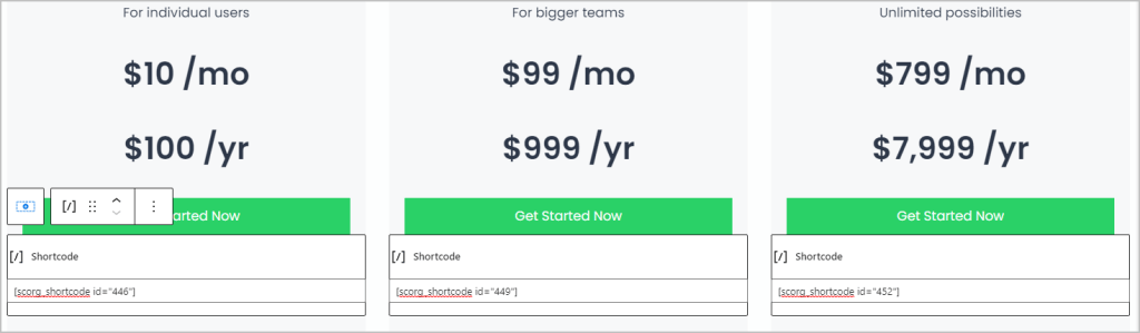 pricing table list shorcodes in editor
