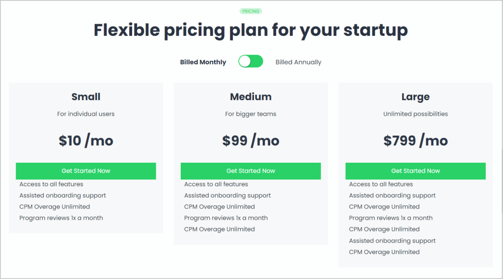 pricing table on the front